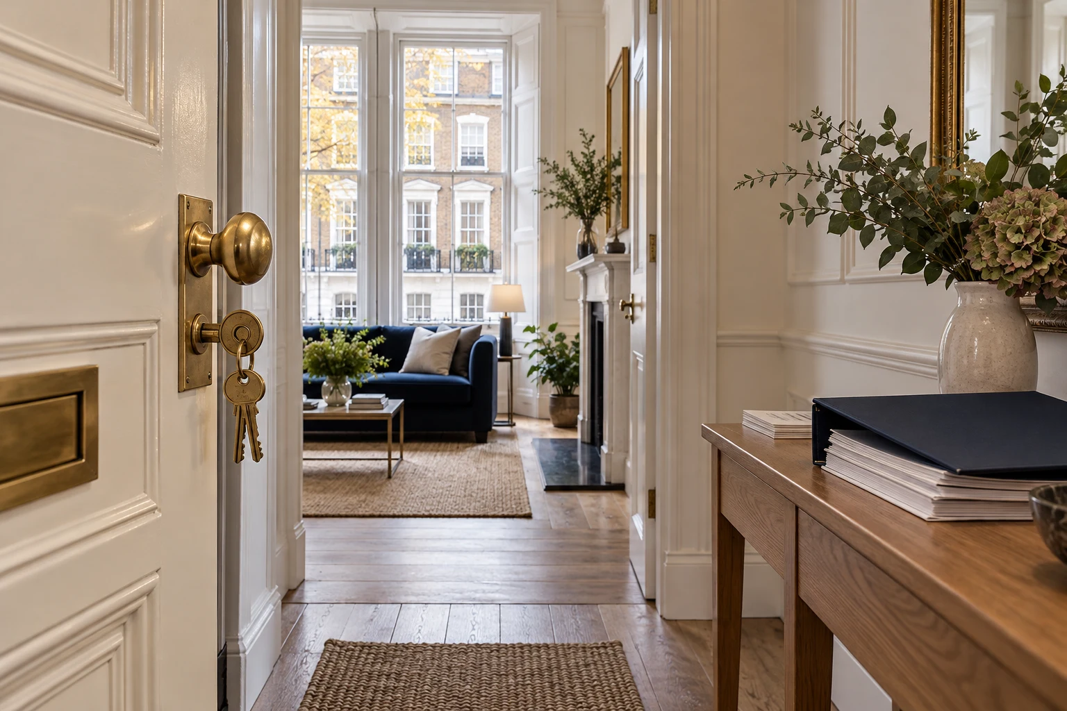 Illustrative London flat entrance with a cream panelled door, brass keys and a navy document folder on an oak console